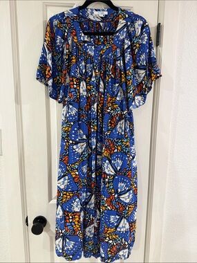Go Softly Patio Blue Butterfly-Print Midi Style Button Up Dress Size Medium